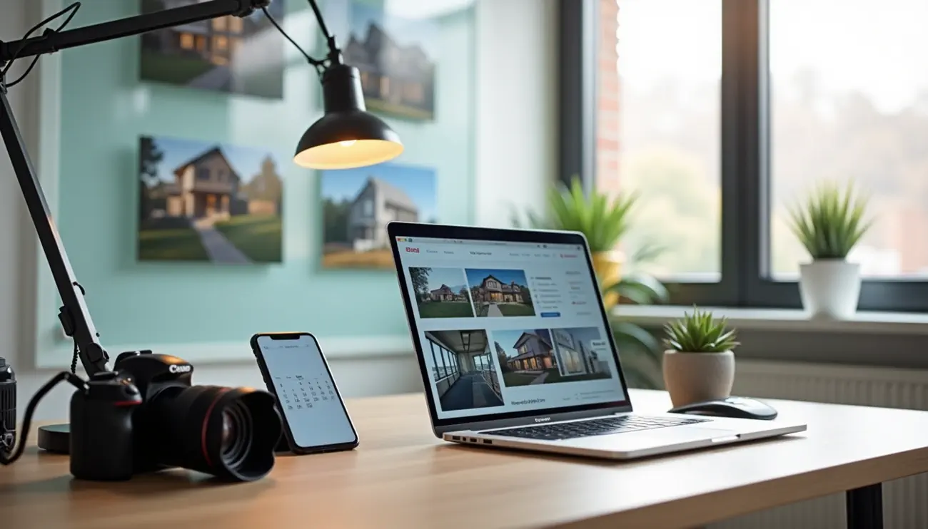Schreibtisch mit Laptop, Smartphone, Kamera, Lampe und Pflanzen vor Fenster.