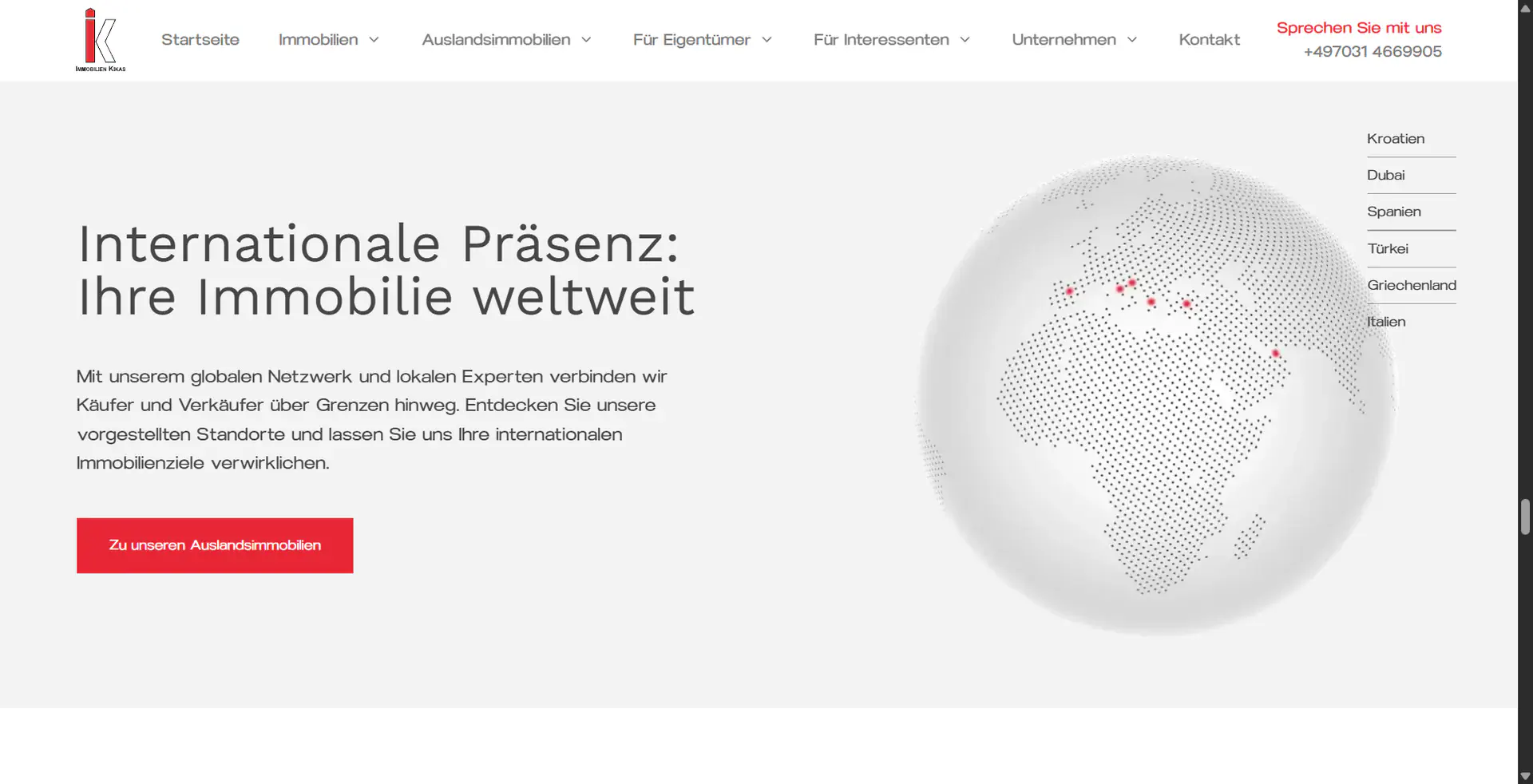Screenshot zeigt die Sektion für Internationale Immobilien der Website Immobilien Kikas