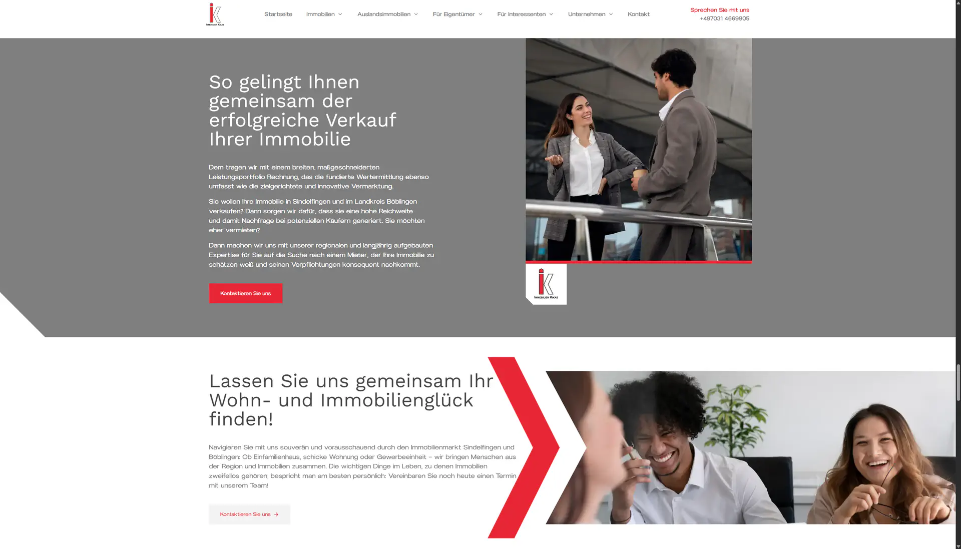 Screenshot zeigt zwei Sektionen der Website immobilien-kikas.de