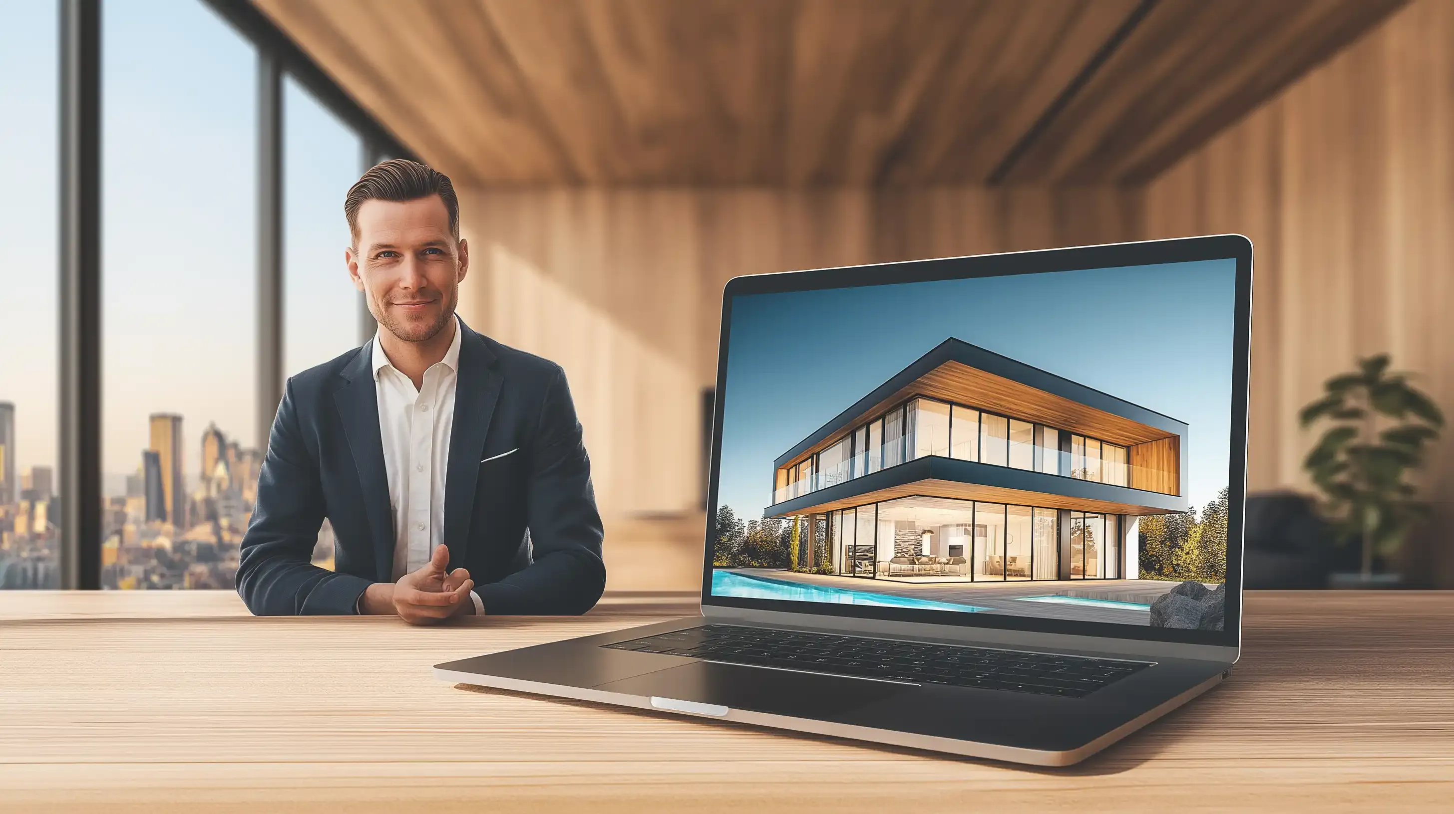 Makler sitzt vor einem Tisch, auf dem ein Laptop mit Website gezeigt wird.