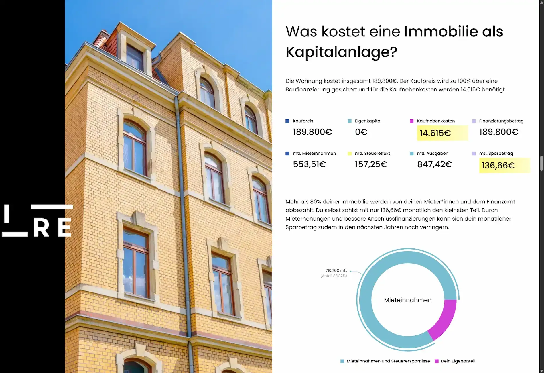 Screenshot der Website investi.immo zeigt eine Sektion über Finanzen.
