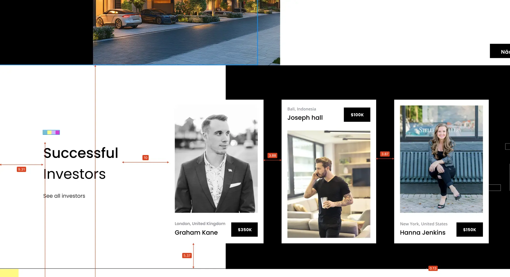 Bildschirmaufnahme aus Designprogramm zeigt eine Sektion der Website investi.immo