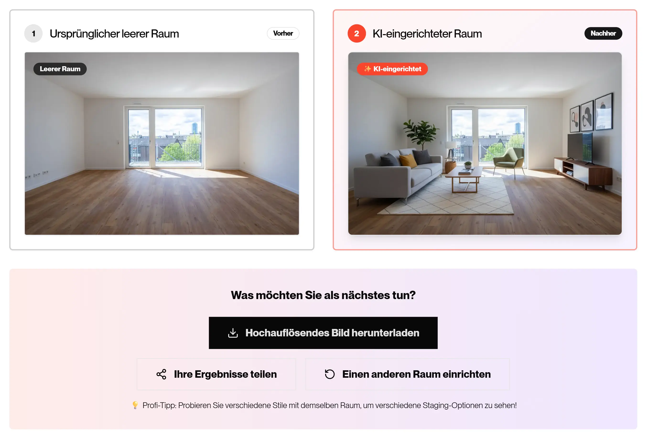 Screenshot eine Tools, mit dem man leere Räume zu wunderschönen, möblierten Bildern verwandelt, perfekt für Exposés und Anzeigen.
