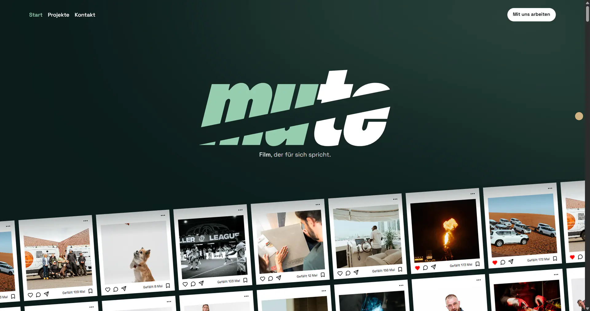 Ein Bildausschnitt zeigt die Startseite und Herobereich der Website mutemedia.de