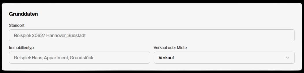 Screenshot der Eingabe der wichtigen Eckdaten