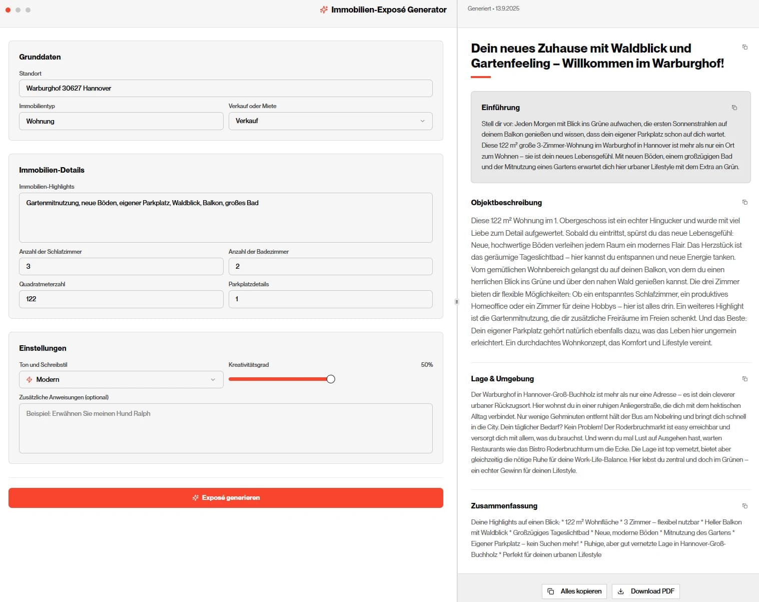 Vorschaut des Tools zum generieren von Immobilien Exposé Texten