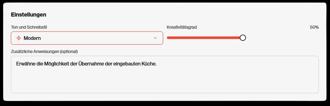 Screenshot der Auswahl des Kreativitätsgrads