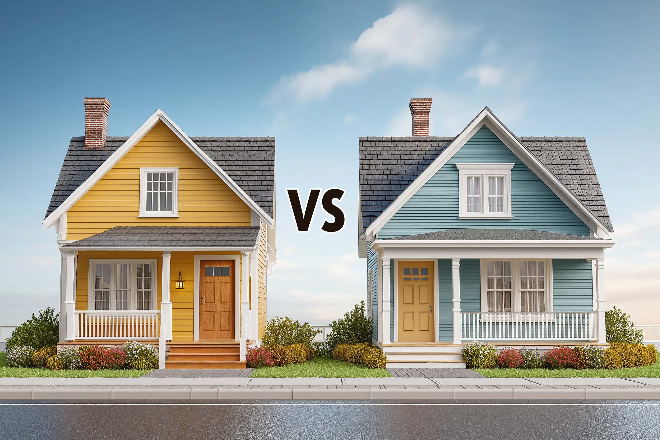 2 Häuser an einer Straße stehen mit einem "VS" dazwischen in einem bildlichen Vergleich zueinander