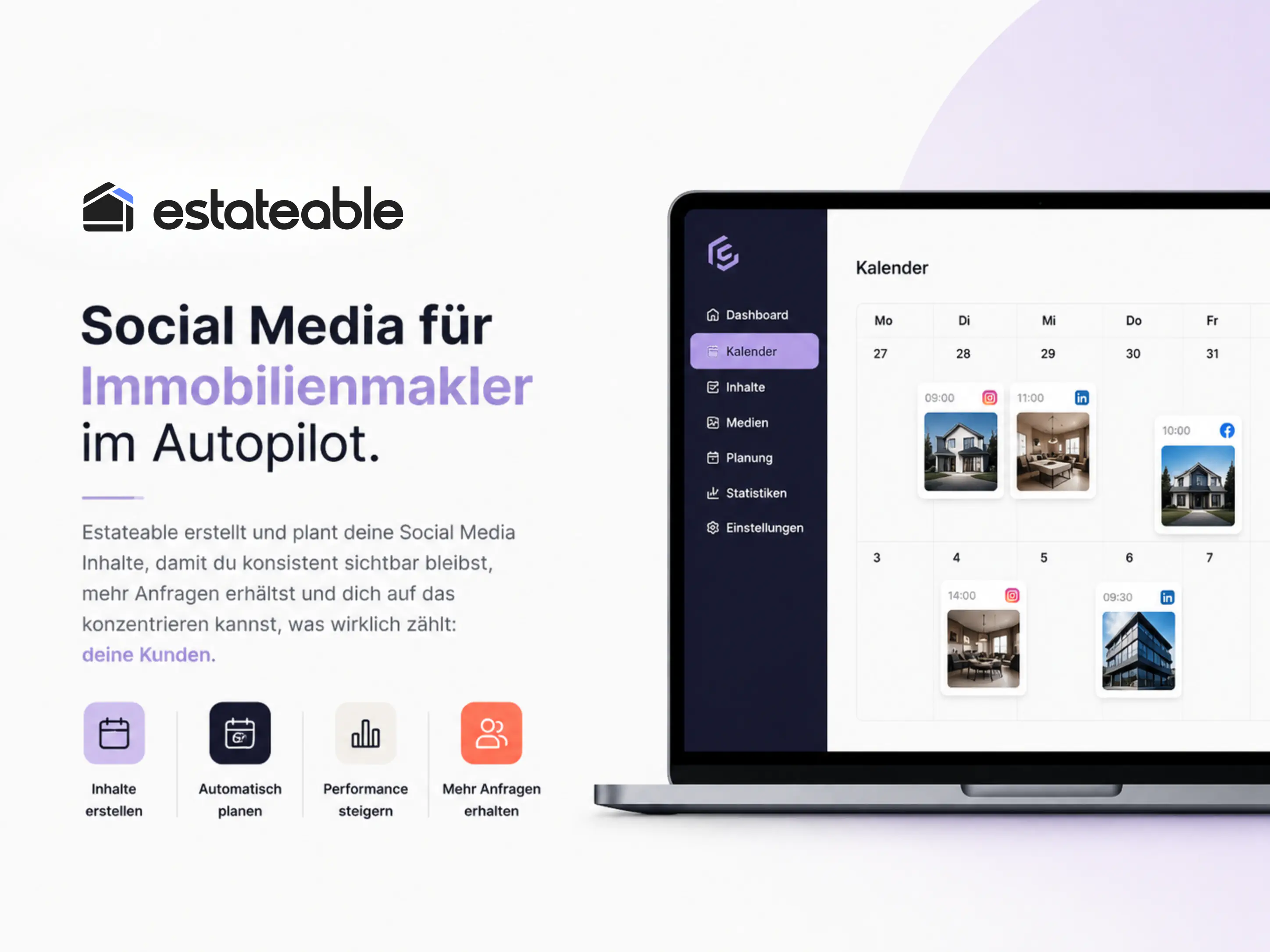 Grafik zeigt eine Vorschau des Tools "Estateable" und dessen Vorteile für Makler